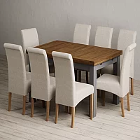 Extending Buxton 140cm Oak and Charcoal Grey Painted Dining Table with 8 Natural Scroll Back Chairs