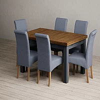 Extending Buxton 140cm Oak and Dark Blue Painted Dining Table with 6 Natural Scroll Back Chairs