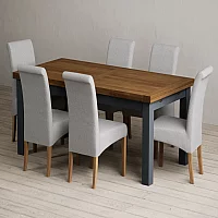 Extending Buxton 180cm Oak and Dark Blue Painted Dining Table with 12 Blue Scroll Back Chairs