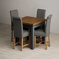 Extending Buxton 90cm Oak and Dark Blue Painted Dining Table with 4 Charcoal Grey Braced Chairs