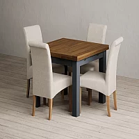 Extending Buxton 90cm Oak and Dark Blue Dining Table with 4 Natural Scroll Back Chairs