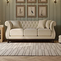 Harrow Chesterfield Ivory Linen Fabric 3 Seater Sofa