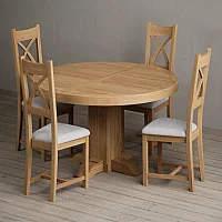 Helmsley 150cm Round Oak Dining Table with 4 Light Grey Natural Solid Oak Chairs