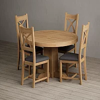 Extending Helmsley Oak Pedestal Dining Table with 4 Blue Natural Solid Oak Chairs