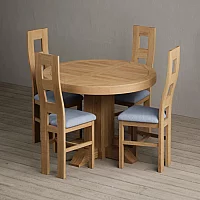 Extending Helmsley Oak Pedestal Dining Table with 4 Blue Natural Chairs
