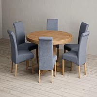 Extending Helmsley Solid Oak Pedestal Dining Table with 6 Blue Scroll Back Chairs