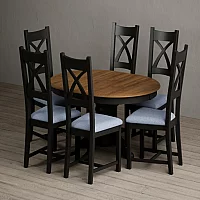 Extending Hertford 100cm 130cm Oak and Black Painted Pedestal Dining Table with 6 Blue Painted Chairs