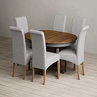 Extending Hertford 100cm 130cm Oak and Charcoal Grey Painted Pedestal Dining Table with 4 Blue Scroll Back Chairs