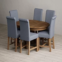 Extending Hertford 100cm 130cm Rustic Oak Pedestal Dining Table with 6 Blue Braced Chairs