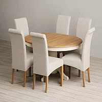 Extending Hertford 100cm 130cm Oak and Cream Painted Pedestal Dining Table with 4 Charcoal Grey Scroll Back Chairs