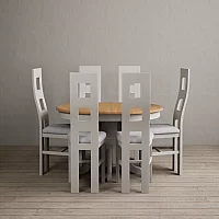 Extending Hertford 100cm 130cm Oak and Soft White Painted Pedestal Dining Table with 6 Light Grey Painted Chairs