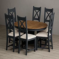 Extending Hertford 100cm 130cm Oak and Dark Blue Painted Pedestal Dining Table with 4 Blue Painted Chairs