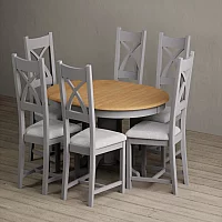 Extending Hertford 100cm 130cm Oak and Light Grey Painted Pedestal Dining Table with 4 Blue Painted Chairs