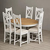 Extending Hertford 100cm 130cm Oak and Signal White Painted Pedestal Dining Table with 4 Blue Painted Chairs