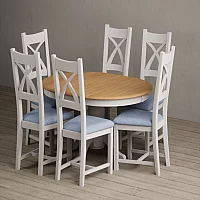 Extending Hertford 100cm 130cm Oak and Soft White Painted Pedestal Dining Table with 4 Blue Painted Chairs