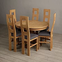 Extending Hertford 100cm 130cm Solid Oak Pedestal Dining Table with 4 Light Grey Natural Chairs
