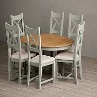 Extending Hertford 100cm 130cm Oak and Soft Green Painted Pedestal Dining Table with 6 Linen Painted Chairs