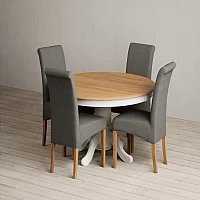 Hertford 120cm Fixed Top Oak and Soft White Painted Dining Table with 4 Blue Scroll Back Chairs