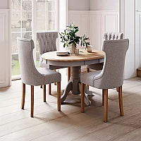 Extending Hertford 100cm 130cm Oak and Light Grey Painted Pedestal Dining Table with 4 Grey Clara Chairs