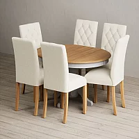 Extending Hertford 100cm 130cm Oak and Light Grey Painted Pedestal Dining Table with 4 Grey Isabella Chairs