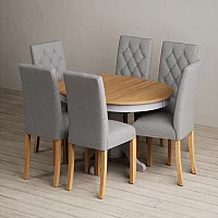 Extending Hertford 100cm 130cm Oak and Light Grey Painted Pedestal Dining Table with 6 Grey Isabella Chairs