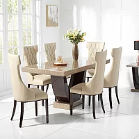 Novara 200cm Brown Pedestal Marble Dining Table with 10 Cream Sophia Chairs