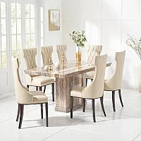 Carvelle 160cm Brown Pedestal Marble Dining Table with 8 Cream Sophia Chairs