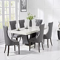 Novara 200cm White and Black Pedestal Marble Dining Table with 10 Cream Sophia Chairs