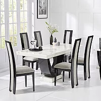 Novara 200cm White and Black Pedestal Marble Dining Table with 12 Black Novara Chairs