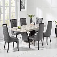 Novara 170cm Cream and Black Pedestal Marble Dining Table with 4 Grey Francesca Chairs