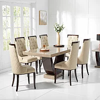Novara 200cm Brown Pedestal Marble Dining Table with 8 Grey Francesca Chairs
