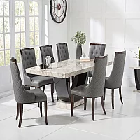 Novara 200cm Cream and Black Pedestal Marble Dining Table with 10 Cream Francesca Chairs