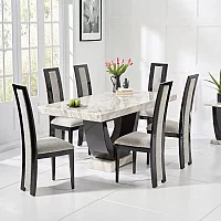Novara 170cm Cream and Black Pedestal Marble Dining Table with 4 Black Novara Chairs