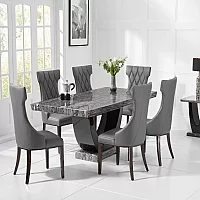 Novara 170cm Dark Grey Pedestal Marble Dining Table with 6 Cream Sophia Chairs