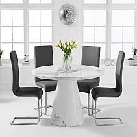 Ravello 130cm Round White Marble Dining Table with 6 Black Austin Chairs