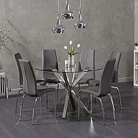 Rodin Round Glass Dining Table with 4 Grey Marco Chairs