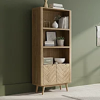 Solid Oak Tall Bookcase with Cupboard Herringbone Detail