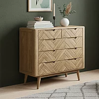 Solid Oak 2 Over 3 Chest of Drawers Herringbone Detail