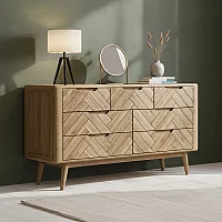 Solid Oak Wide Chest of Drawers Herringbone Detail
