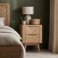 Solid Oak 2 Drawer Bedside Chest Herringbone Detail