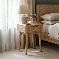 Solid Oak Bedside Lamp Table Herringbone Detail