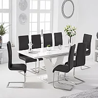 Extending Vittorio 160cm White High Gloss Dining Table with 8 Black Austin Chairs
