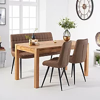 Thetford 150cm Oak Dining Table with Thetford 45cm Oak Extensions with 2 Brown Larson Chairs with 1 Brown Bench