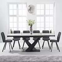 Extending Jacob 180cm White Ceramic Dining Table with 8 Grey Hendrick Chairs