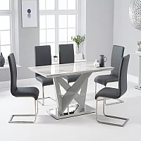 Marcella 150cm Marble Effect High Gloss Light Grey Dining Table with 4 Grey Austin Chairs