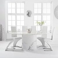 Colby 200cm White Oval Marble Dining Table with 6 Black Aldo Chairs