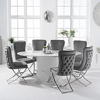 Colby 200cm White Oval Marble Dining Table with 6 Grey Lorenzo Chairs