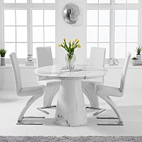 Ravello 130cm Round White Marble Dining Table with 4 Black Aldo Chairs