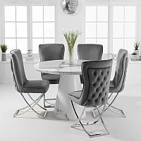 Ravello 130cm Round White Marble Dining Table with 4 Grey Lorenzo Chairs