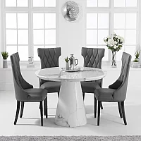 Ravello 130cm Round White Marble Dining Table with 4 Grey Sophia Chairs